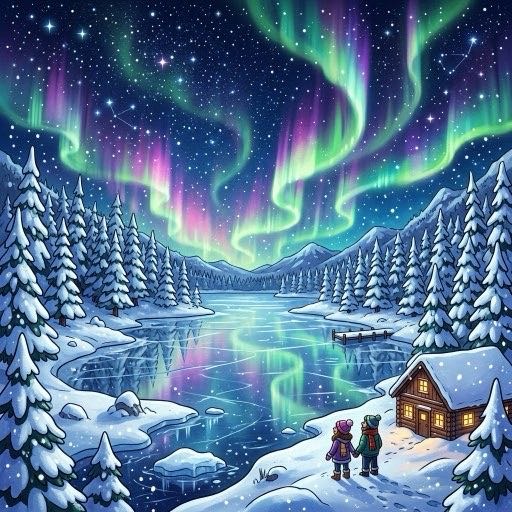 A bundled KhelNest picture-puzzle image showing an aurora over a winter lake